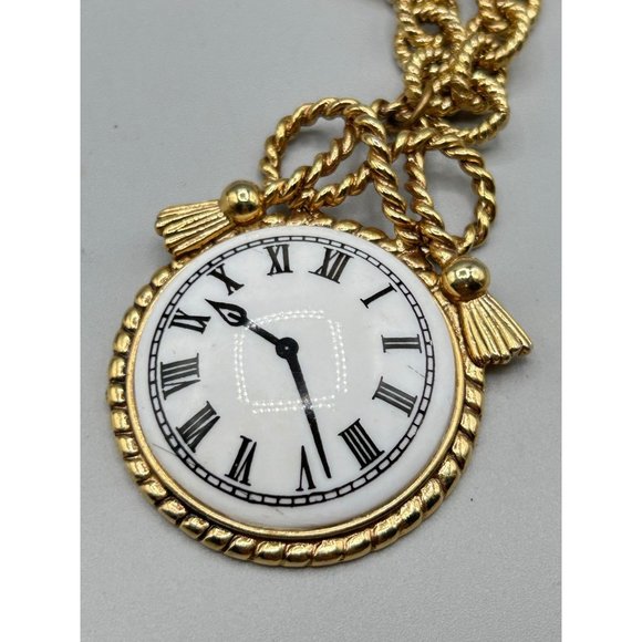 Vintage Clock Necklace Ceramic Pendant Textured Chunky Chain Statement Jewelry - Picture 3 of 8
